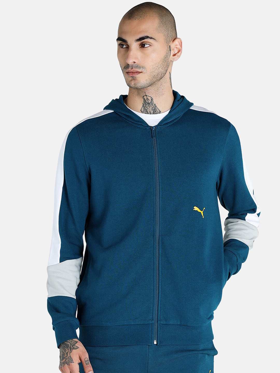 

Puma Men Regular Fit Colourblocked Hooded Sporty Jacket, Blue