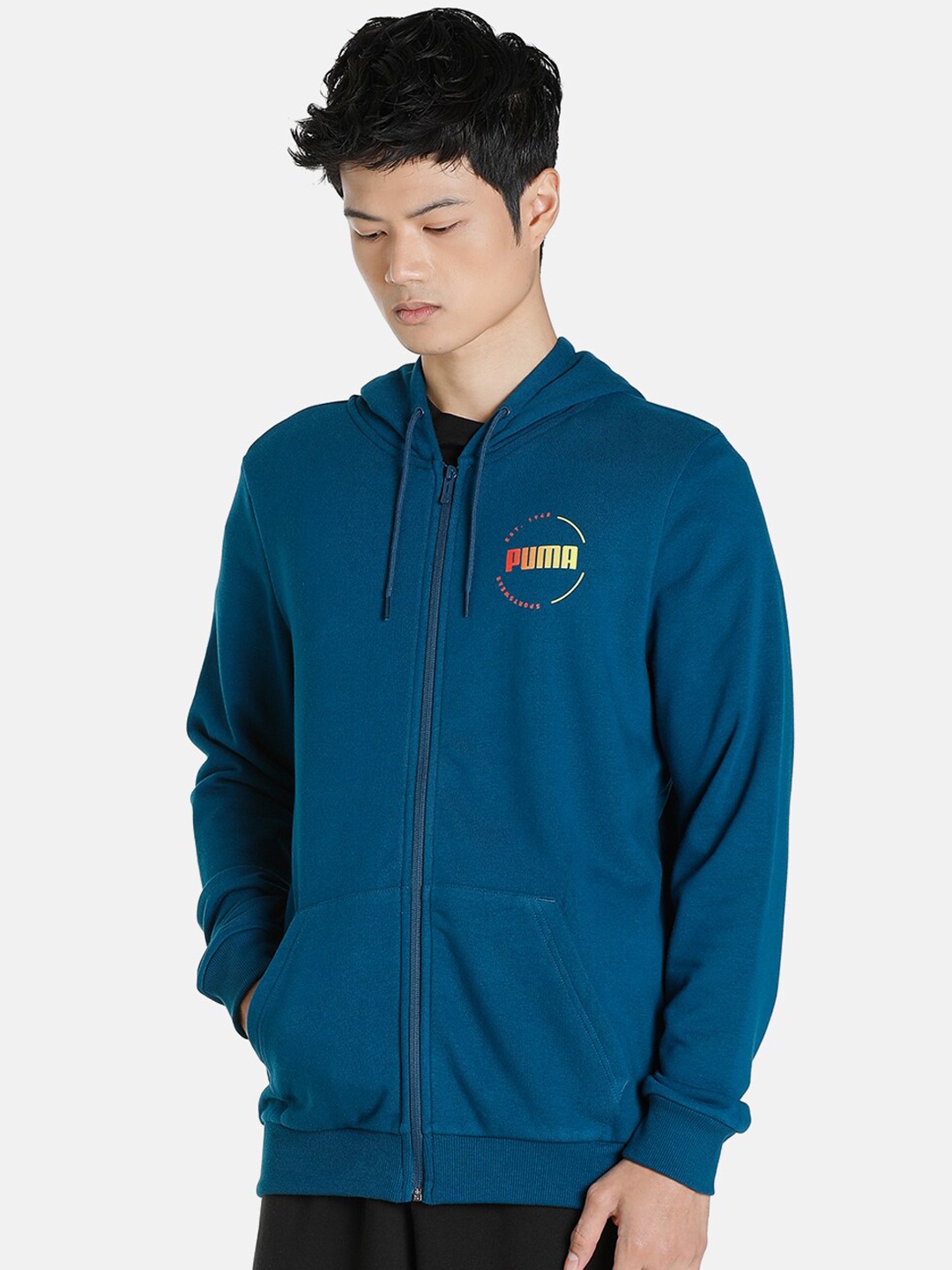 

Puma Men Slim Fit Printed Cotton Hooded Track Sweatshirt, Blue