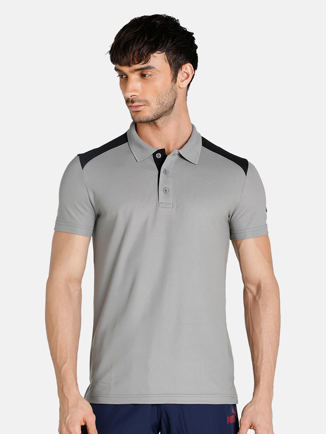 

Puma Men Grey & Black Colourblocked Polo Collar Outdoor T-shirt