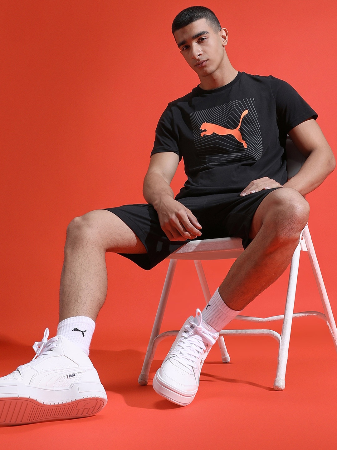 Puma Men Black Brand Logo Printed Slim Fit Training or Gym Cotton T-shirt