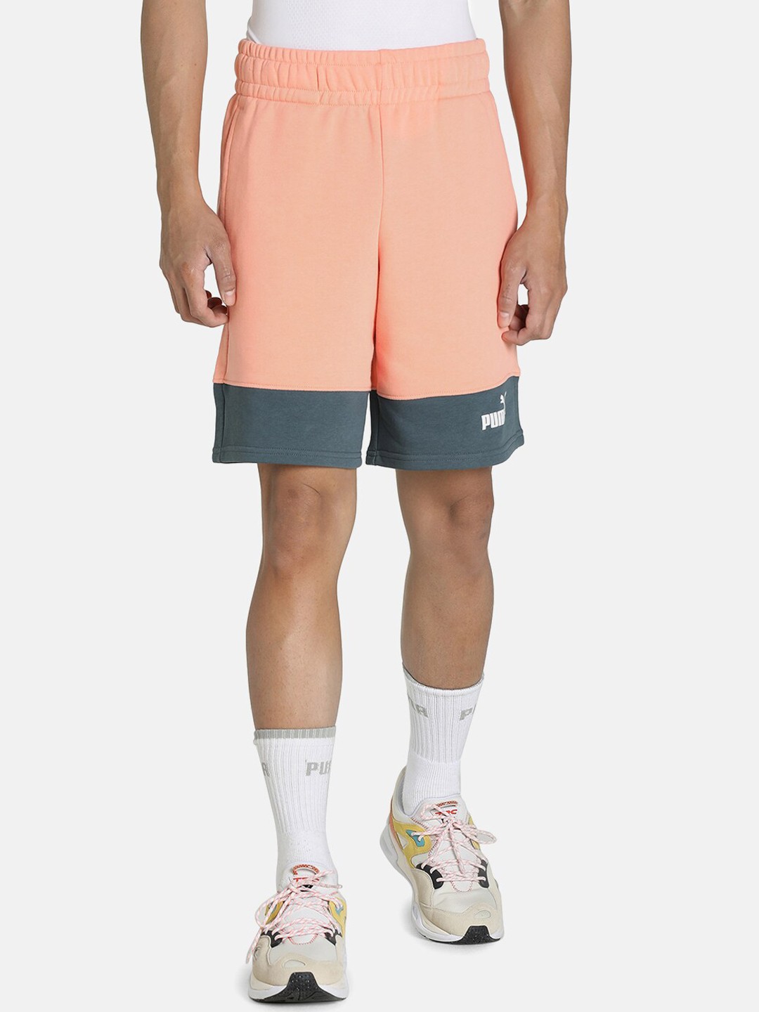 

Puma Men Orange Colourblocked Cotton Loose Fit Sports Shorts