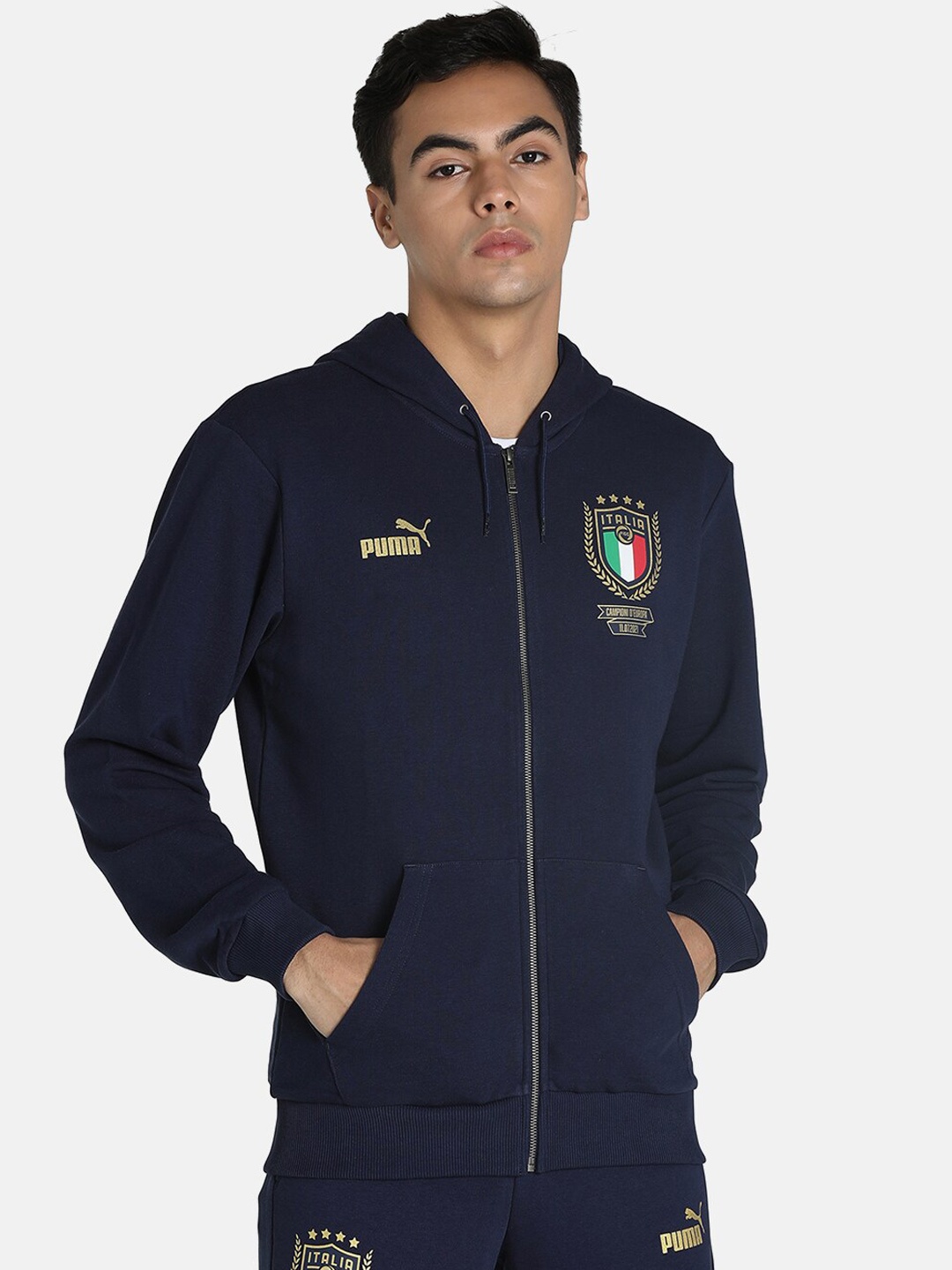 

Puma Men Navy Blue Solid Cotton Hooded Sweatshirt