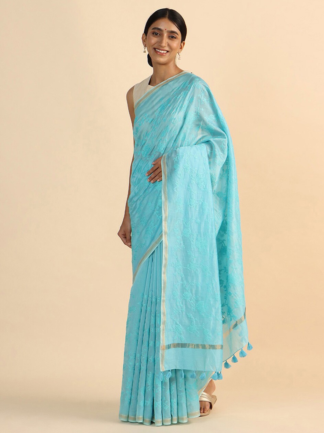 

Taneira Blue & Gold-Toned Zari Silk Cotton Saree