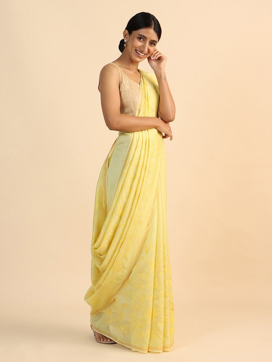 

Taneira Yellow Floral Embroidered Zari Silk Cotton Saree