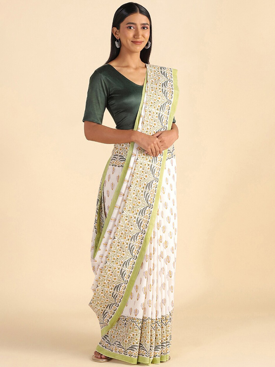 

Taneira White & Green Floral Pure Cotton Saree