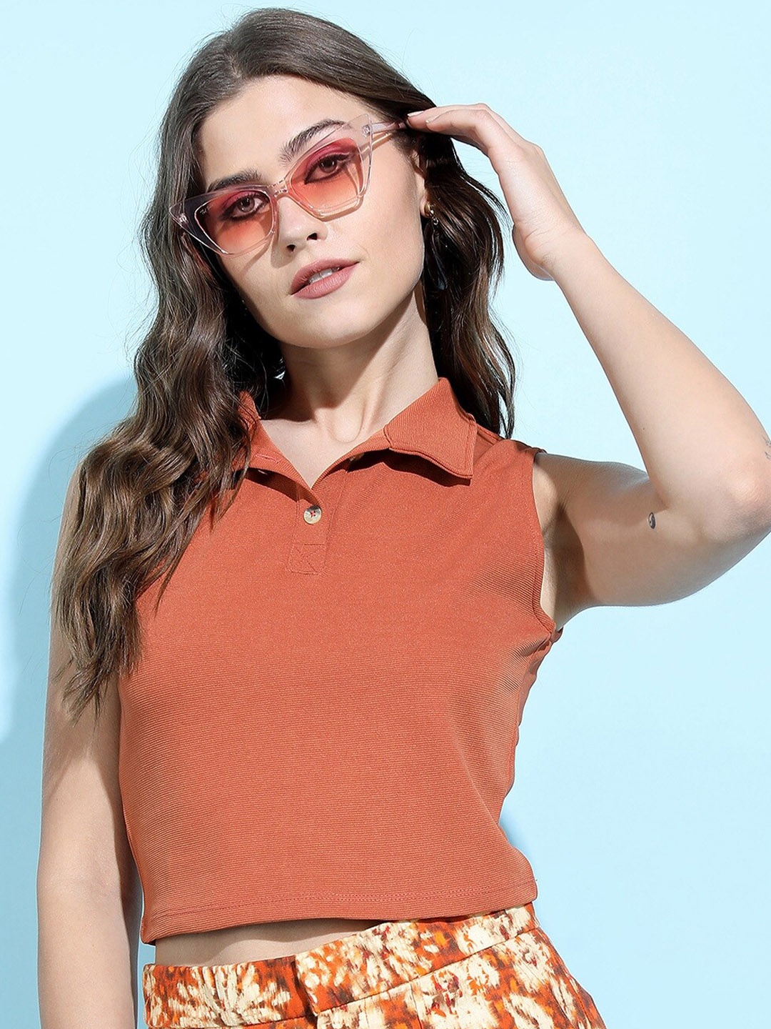 

Tokyo Talkies Women Rust Shirt Collar Crop Top