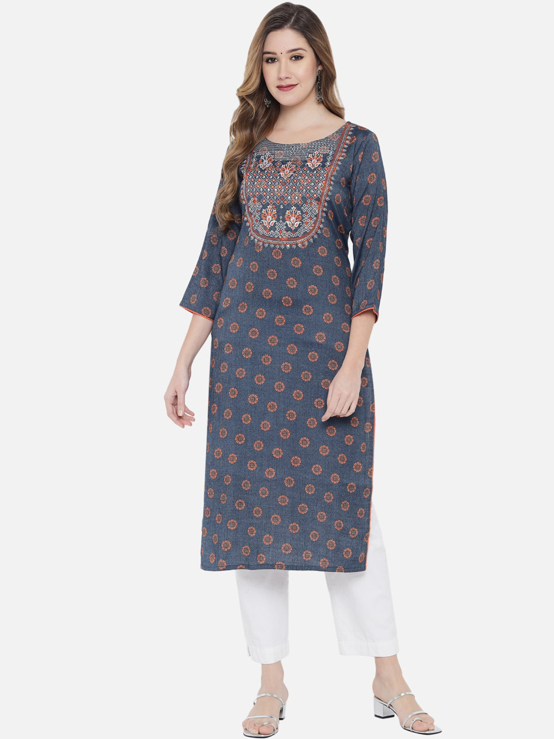 

Ramas Women Orange & Blue Floral Printed Thread Work Kurta
