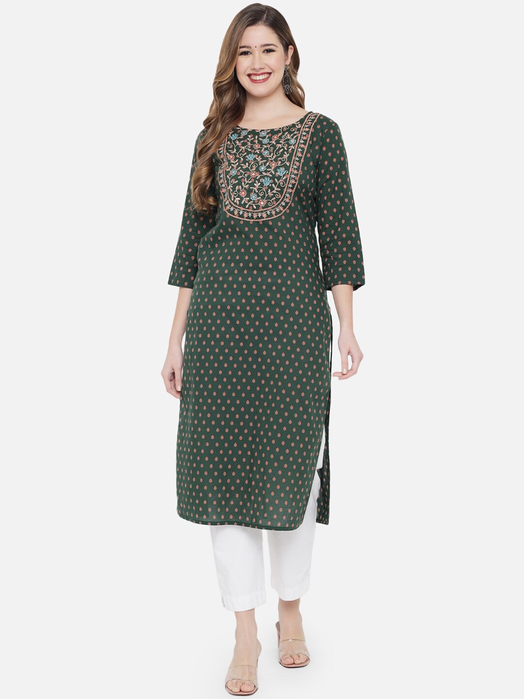

Ramas Women Green & Red Ethnic Motifs Printed Thread Work Kurta