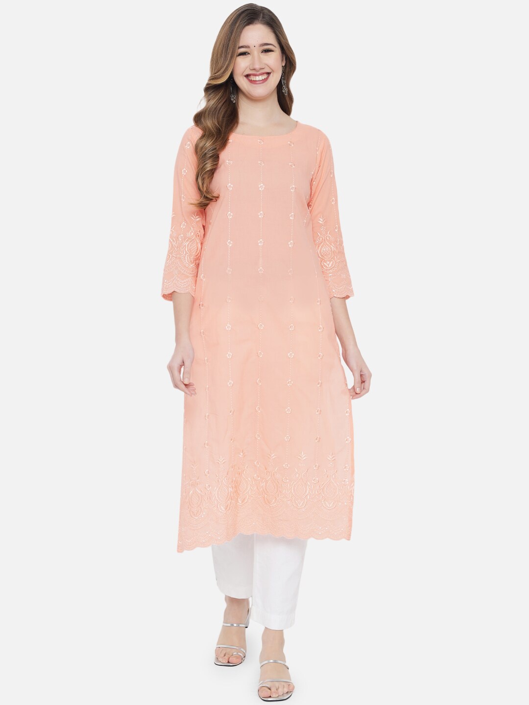 

Ramas Women Orange Ethnic Motifs Embroidered Cotton Straight Kurta