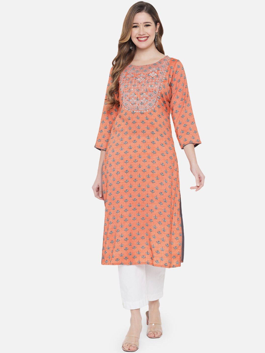 

Ramas Women Orange & Navy Blue Ethnic Motifs Printed Kurta