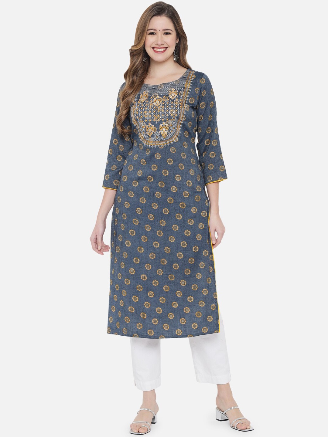 

Ramas Women Yellow Floral Embroidered Mirror Work Kurta