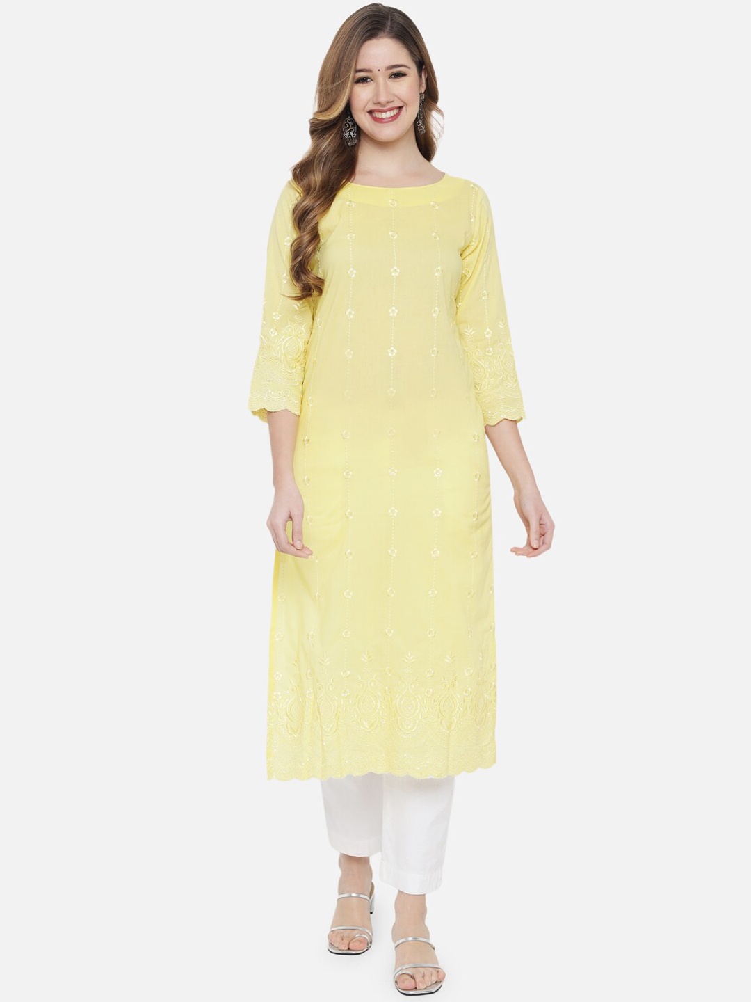 

Ramas Women Yellow Ethnic Motifs Embroidered Thread Work Kurta