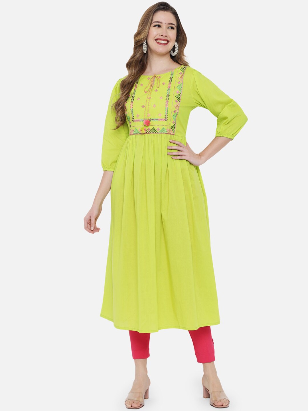 

Ramas Women Fluorescent Green Thread Work Embroidered Cotton Anarkali Kurta