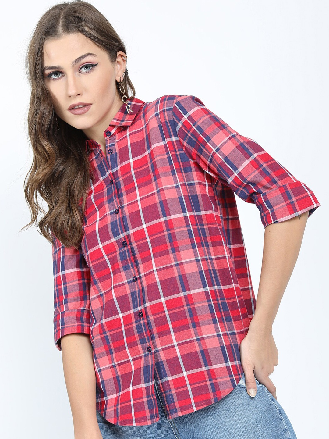 

Tokyo Talkies Women Pink Tartan Checks Checked Casual Shirt