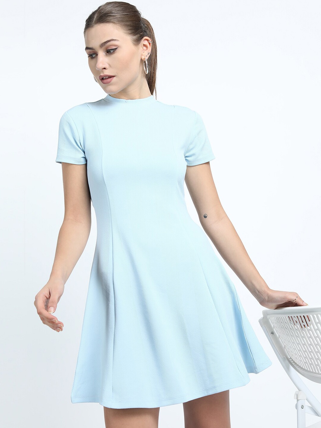 

Tokyo Talkies Blue High Neck Knitted A-Line Dress