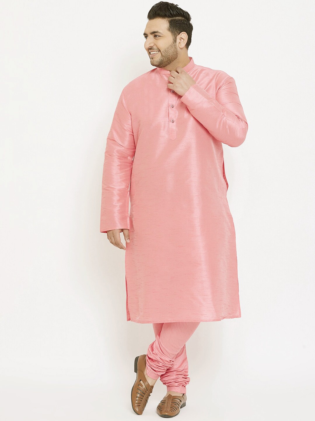 

SG LEMAN Plus Men Peach-Coloured Angrakha Raw Silk Kurta with Churidar