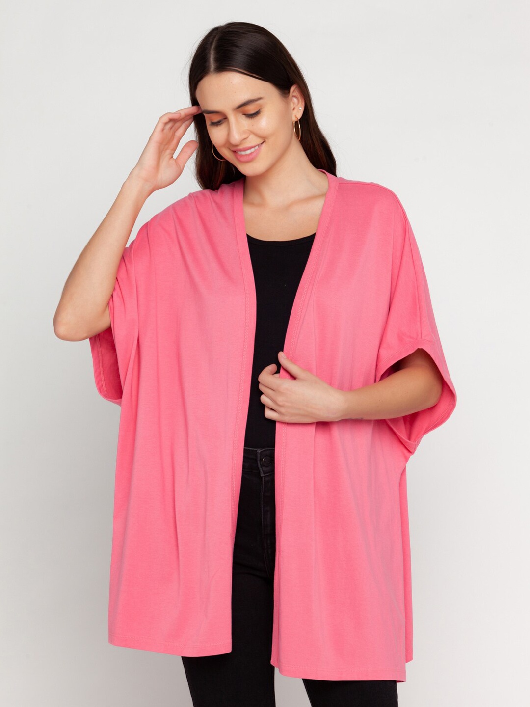 

Zink London Women Pink Solid Cotton Open Front Shrug