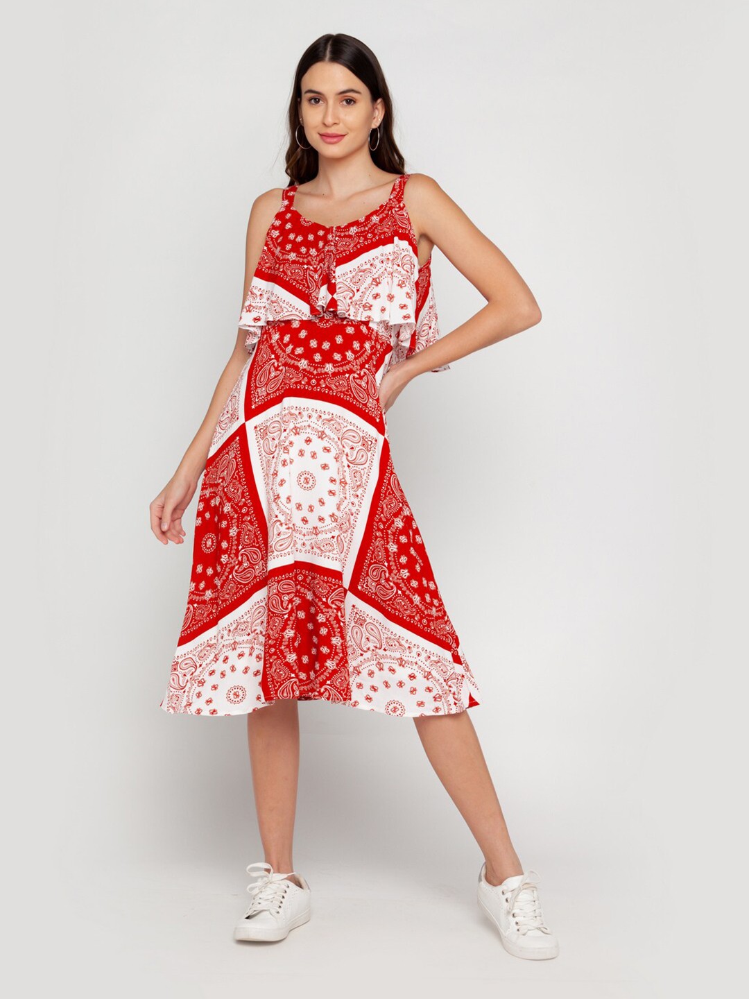 

Zink London Red Ethnic Motifs A-Line Midi Dress
