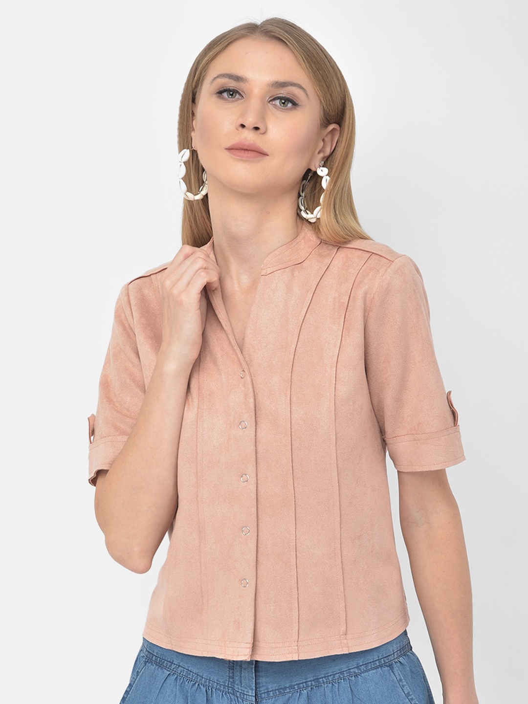 

Latin Quarters Pink Mandarin Collar Roll-Up Sleeves Suede Shirt Style Top