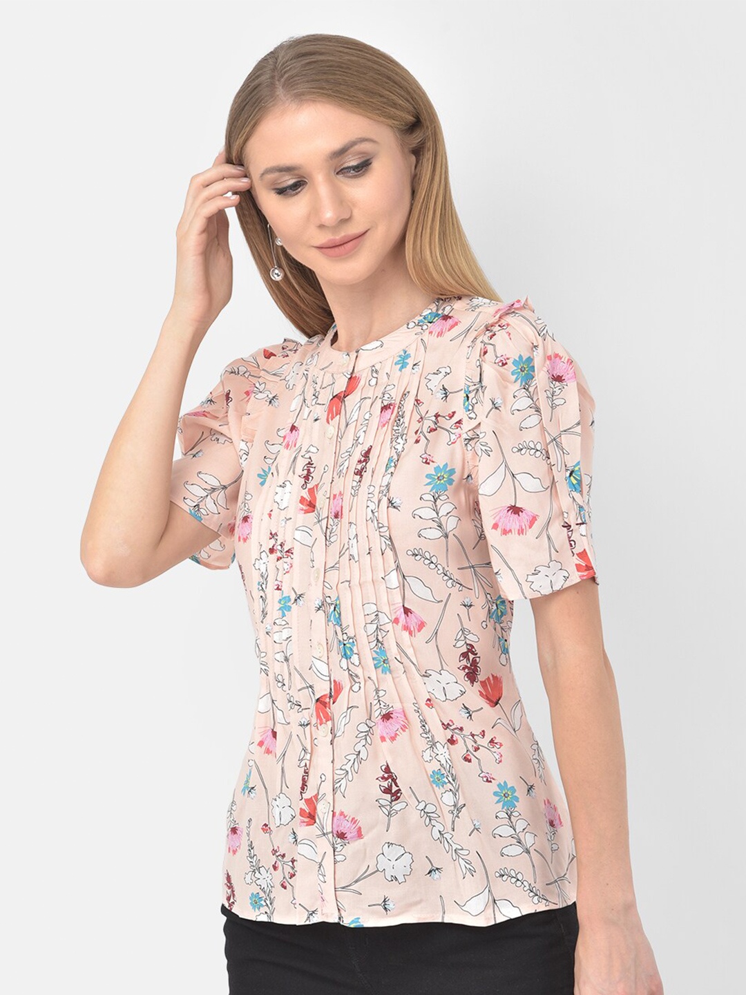 

Latin Quarters Peach-Coloured & Pink Floral Print Top