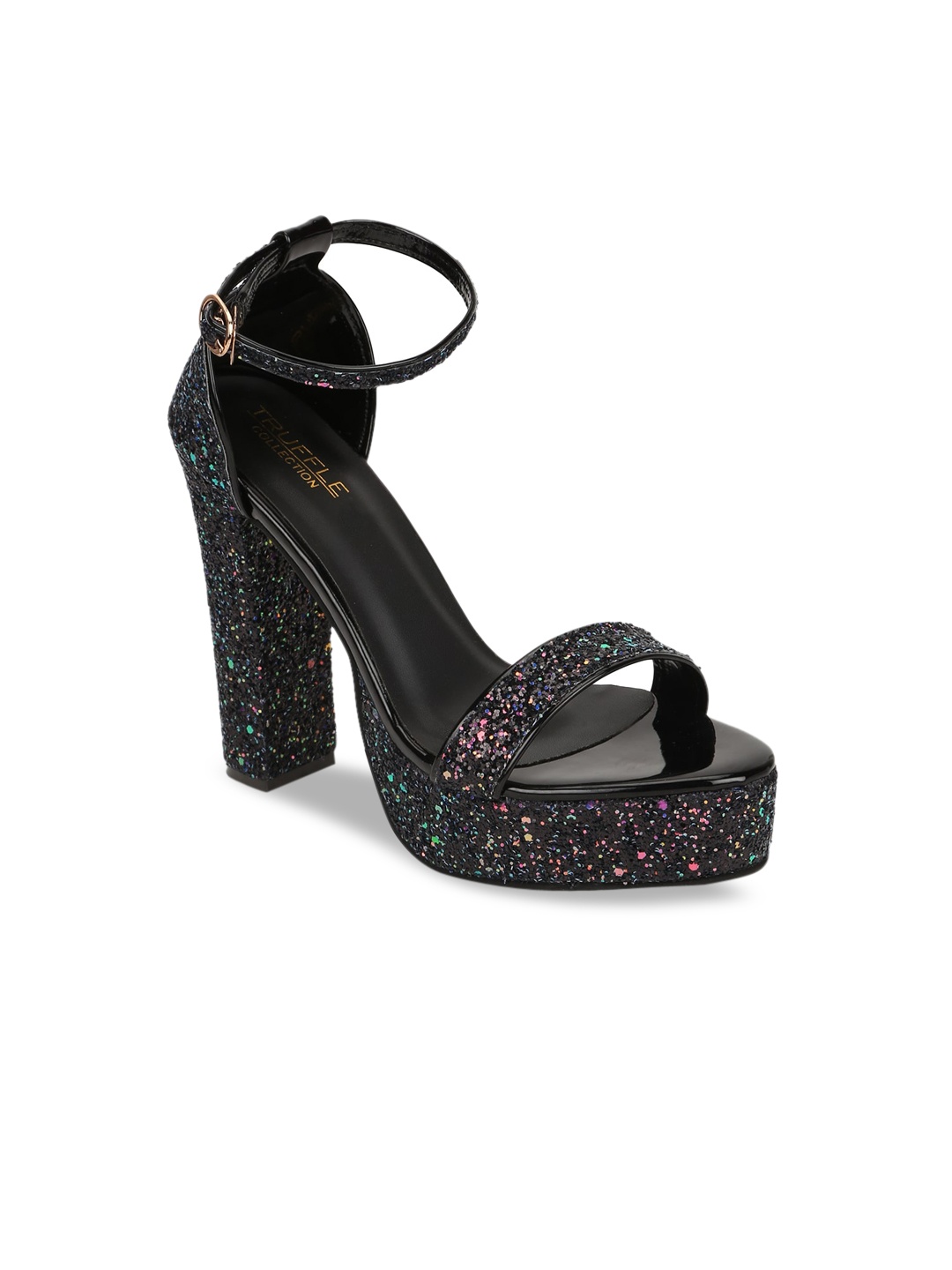 

Truffle Collection Black PU Embellished Platform Peep Toes