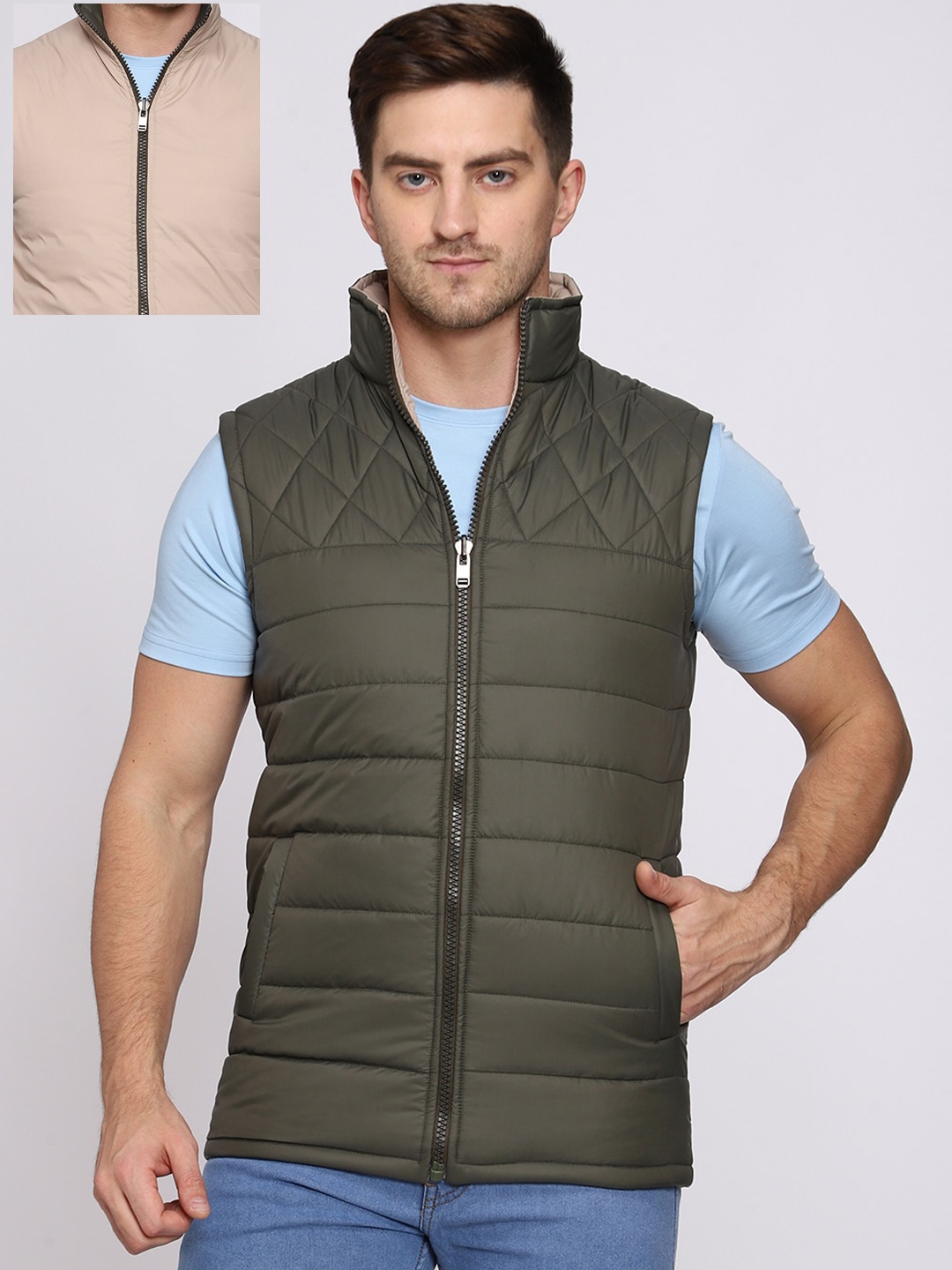 

CL SPORT Men Green Striped Reversible Crop Quilted Jacket