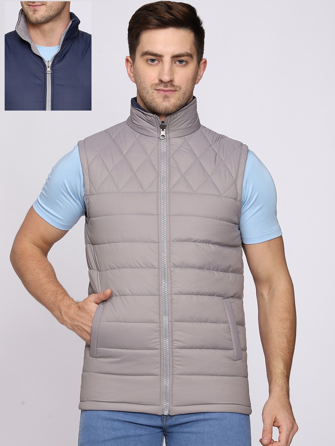 

CL SPORT Men Grey & Navy Blue Reversible Padded Jacket