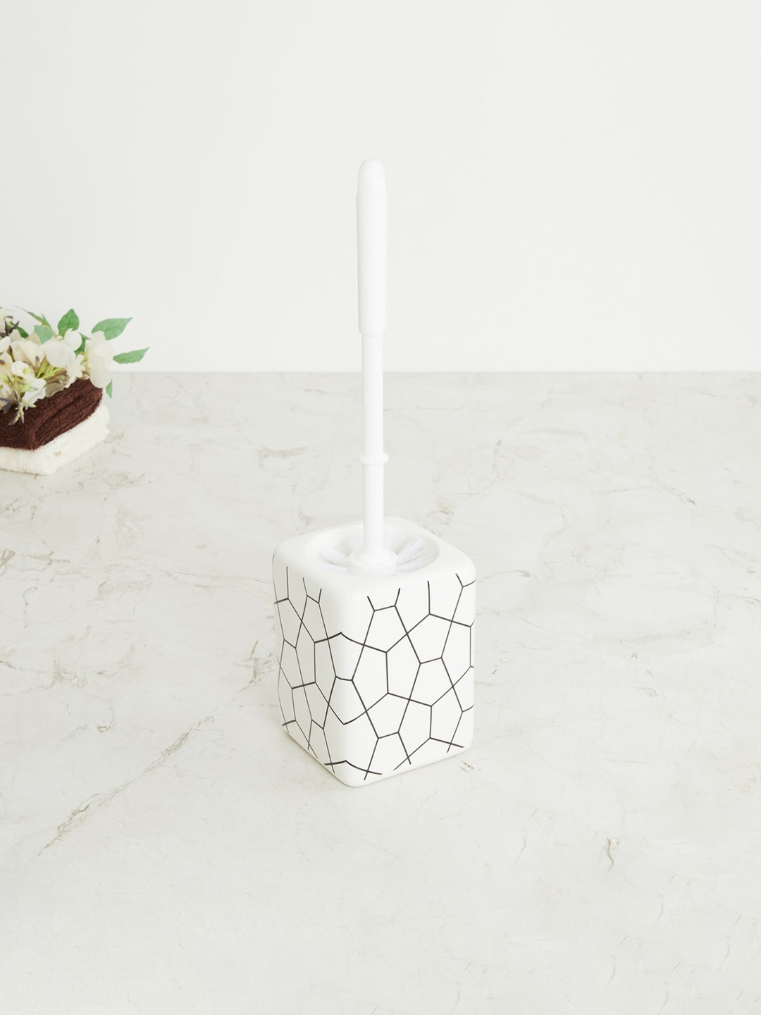 

Home Centre White Printed Ceramic Toilet Brush with Holder