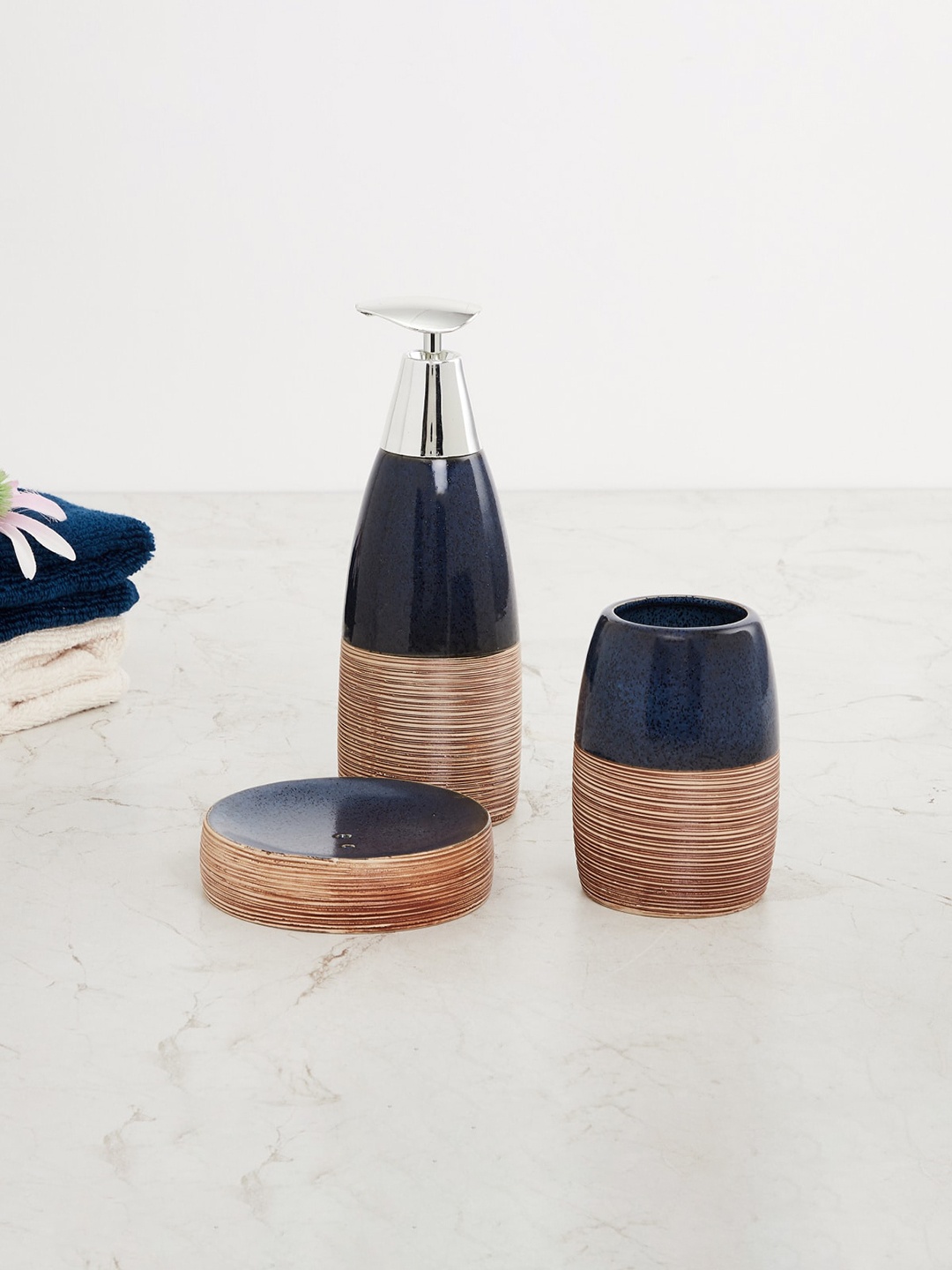 

Home Centre Set of 3 Navy Blue & Brown Printed Bathroom Accessories