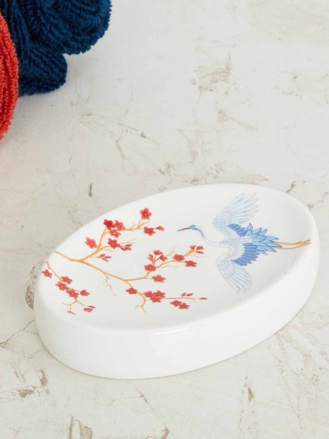 

Home Centre White & Blue Art of Asia-Pagoda Pride Printed Oval Ceramic Soap Dish