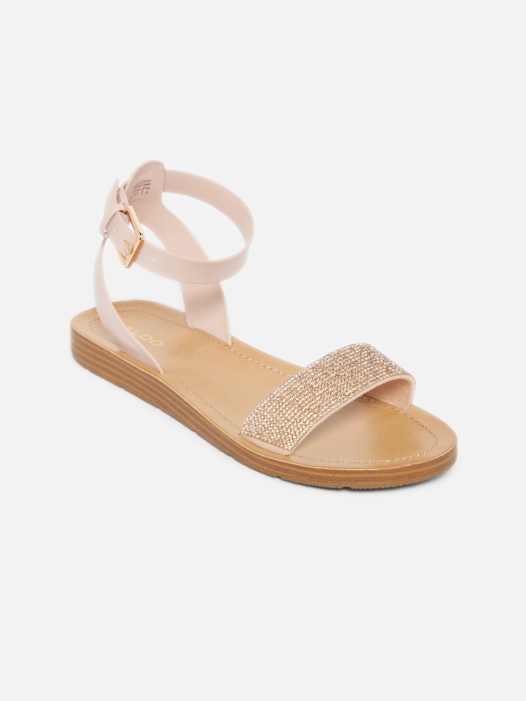 

ALDO Women Pink & Tan Embellished Open Toe Flats with Buckles