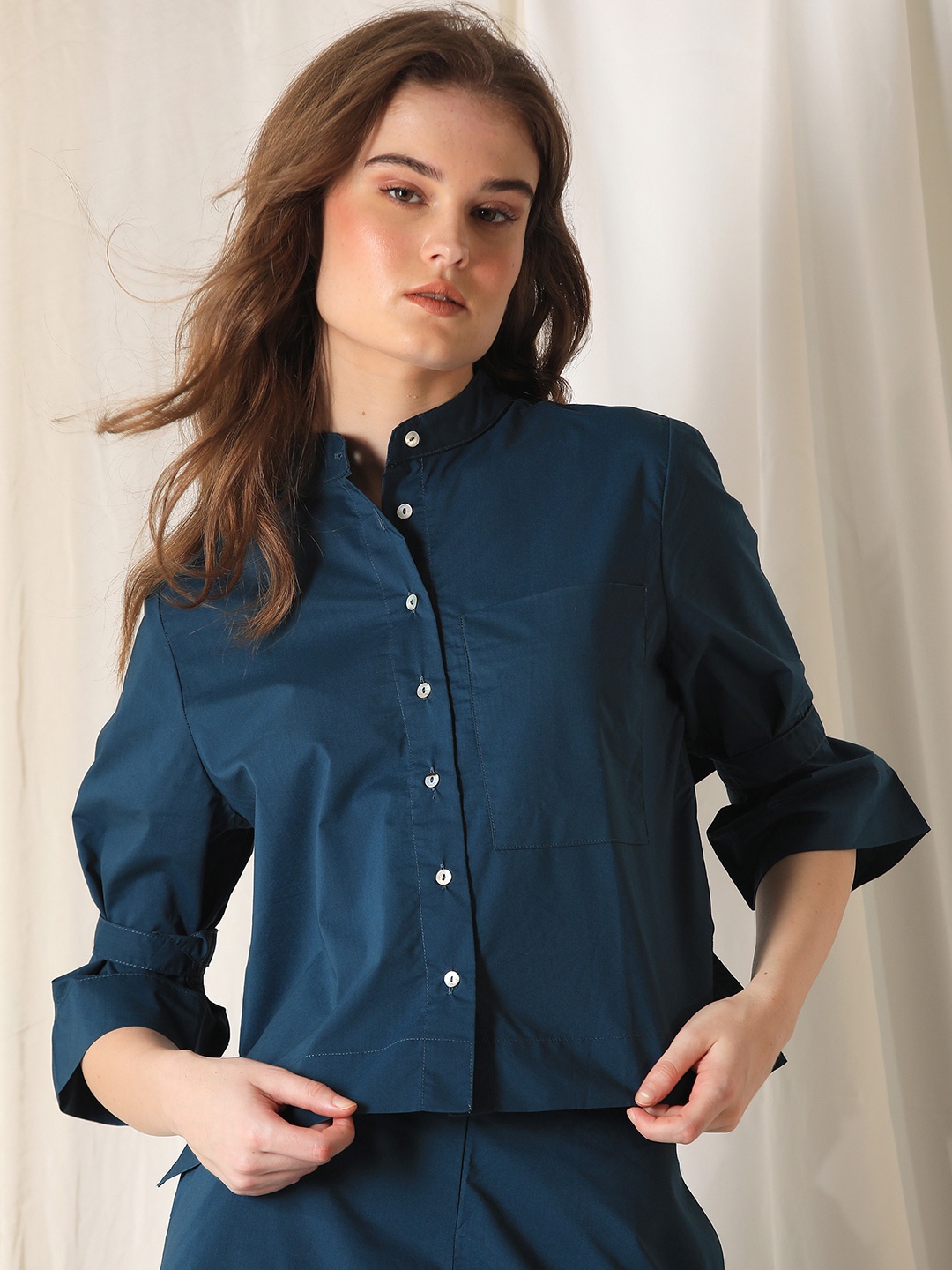

RAREISM Teal Mandarin Collar Shirt Style Top
