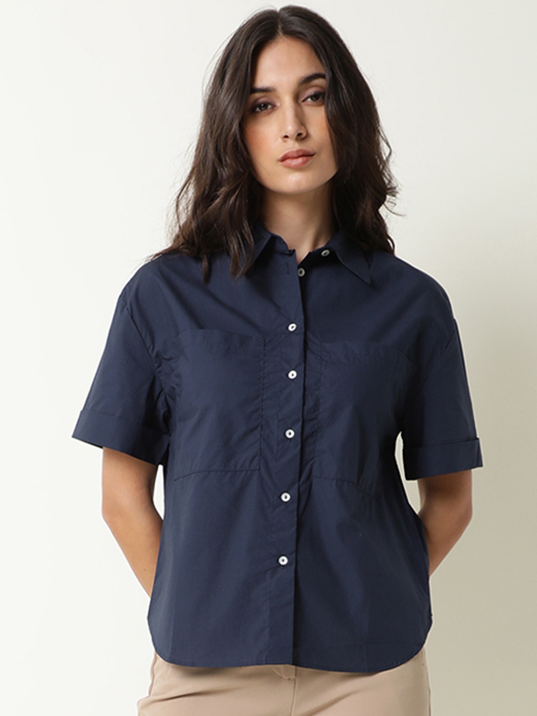 

RAREISM Navy Blue Shirt Style Top