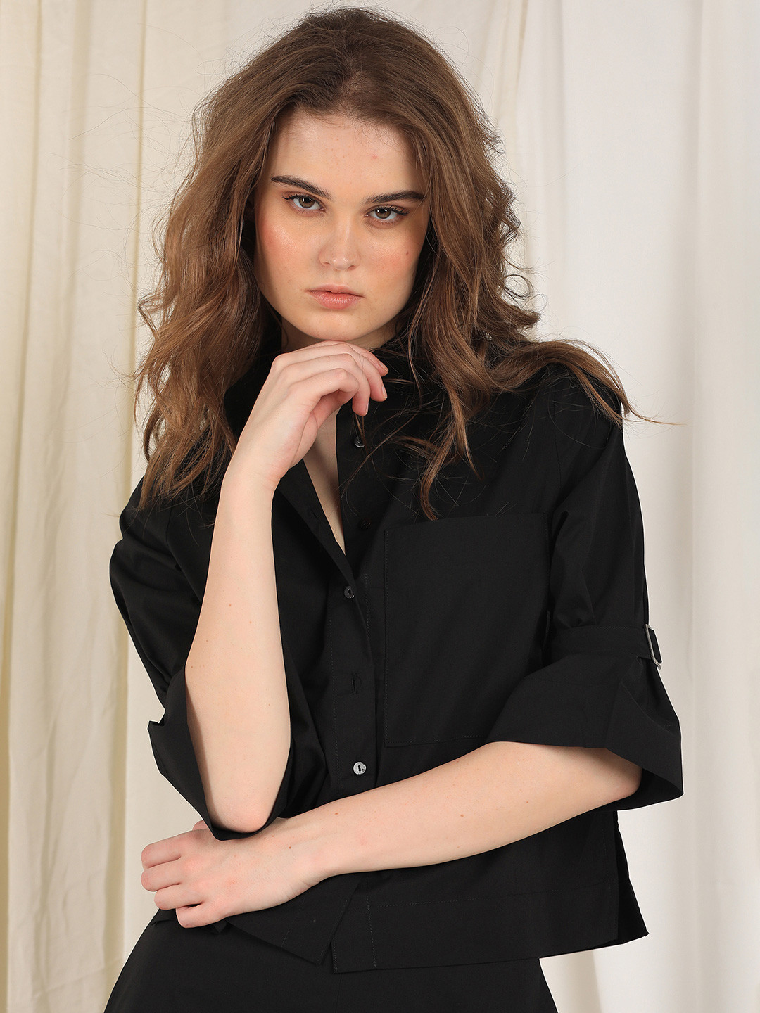 

RAREISM Women Black Mandarin Collar Shirt Style Crop Top