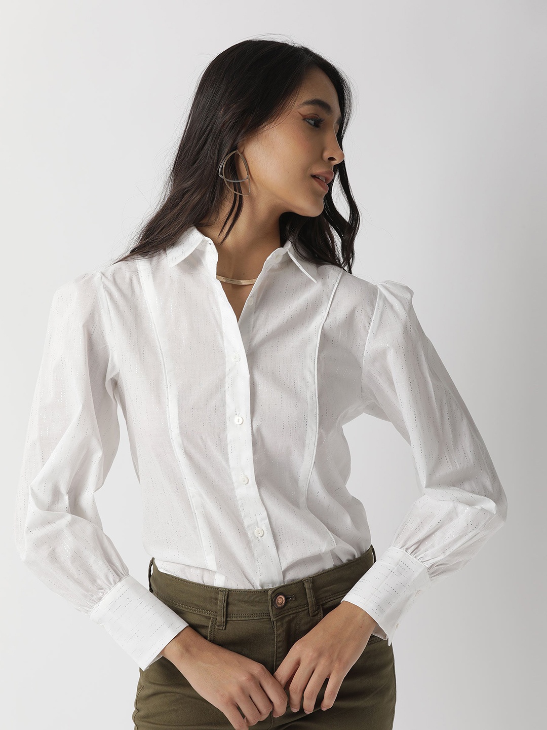 

RAREISM White Bishop Sleeves Pure Cotton Shirt Style Top