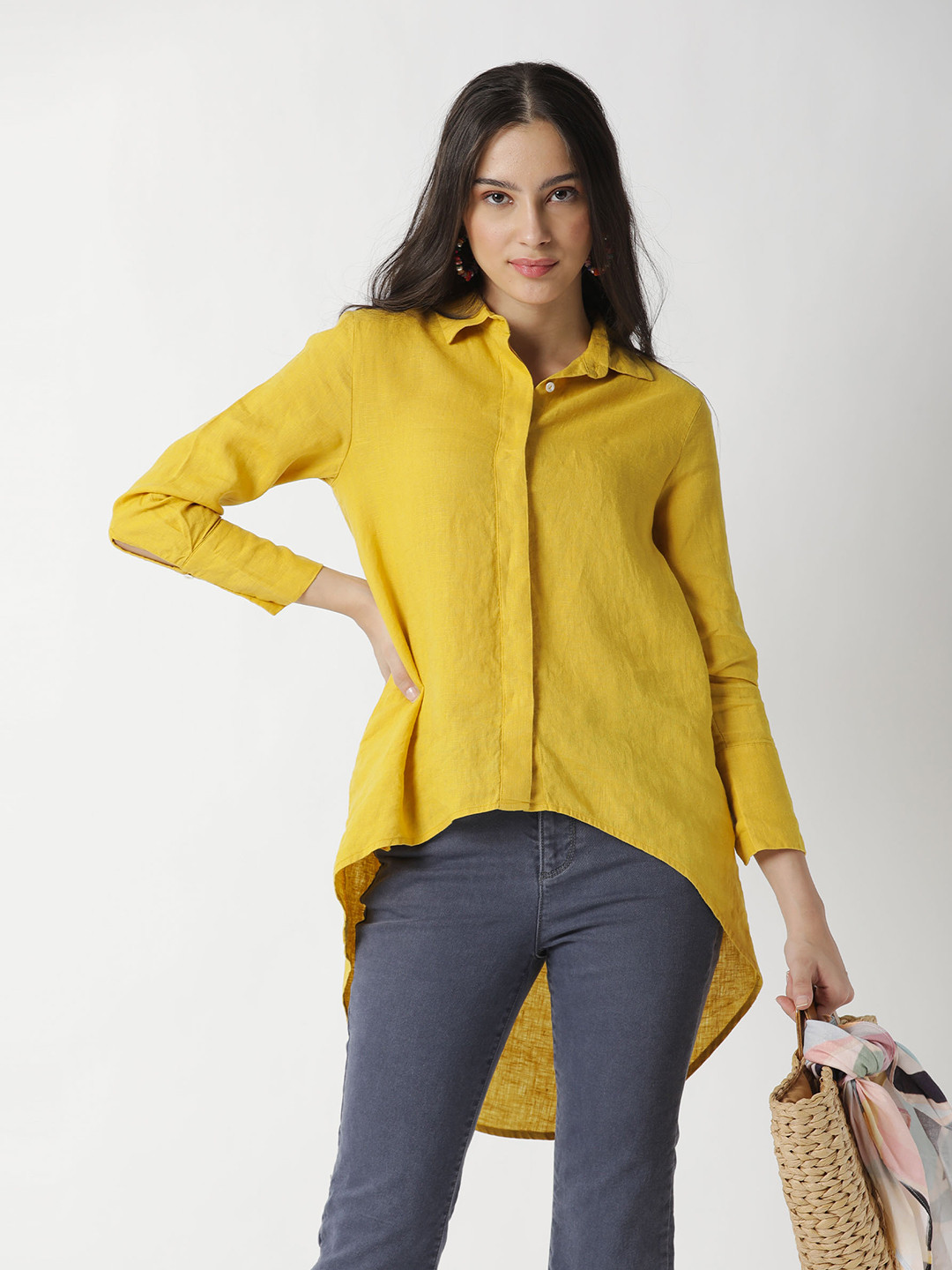 

RAREISM Women Yellow Linen Shirt Style Top