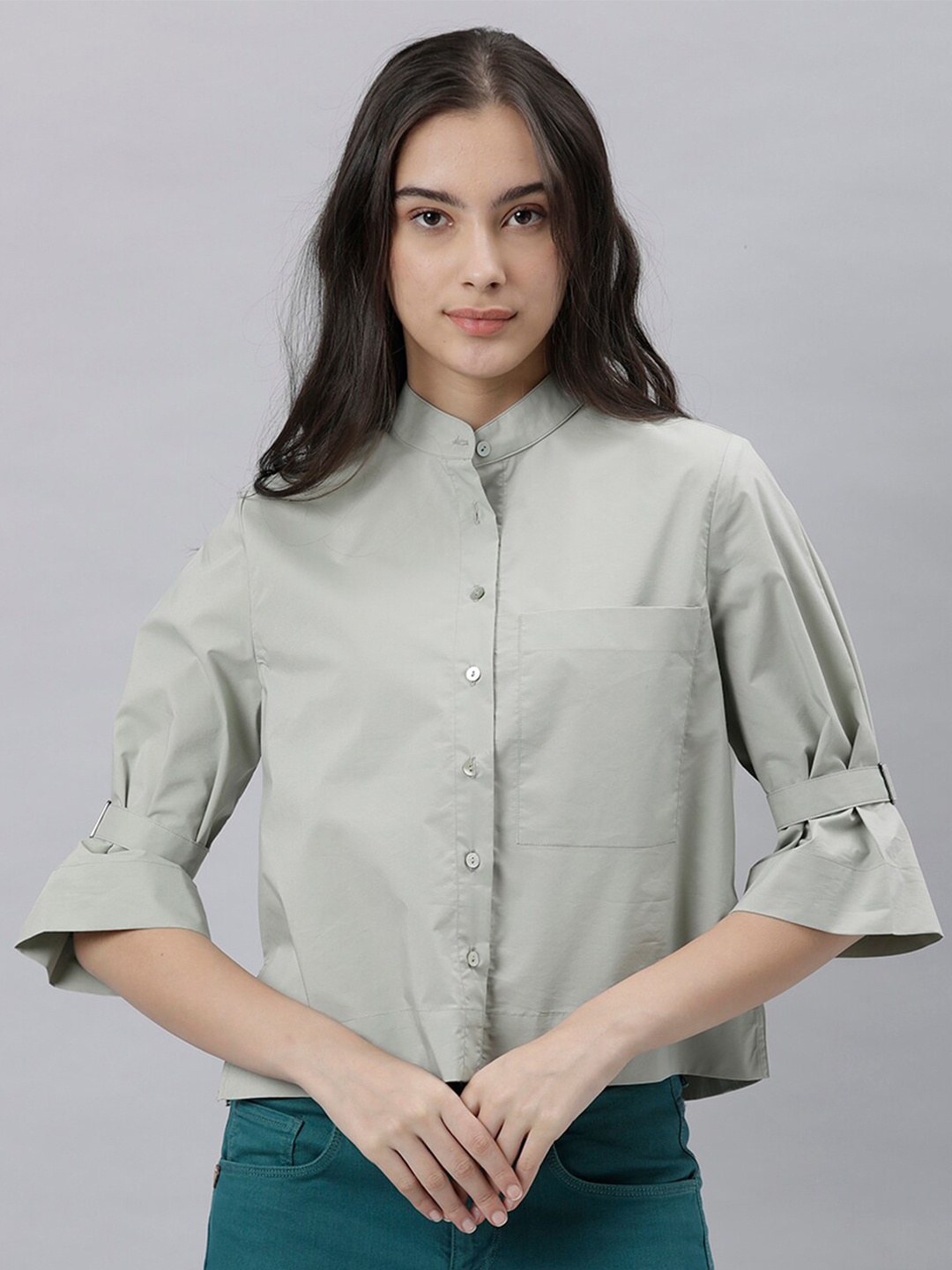 

RAREISM Green Mandarin Collar Shirt Style Top