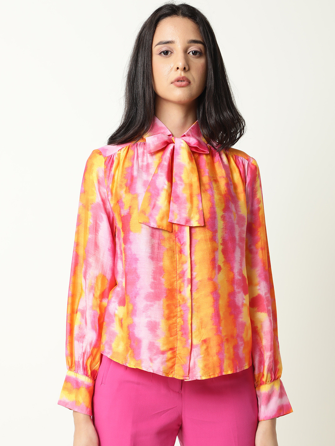 

RAREISM Pink & Orange Print Shirt Style Top