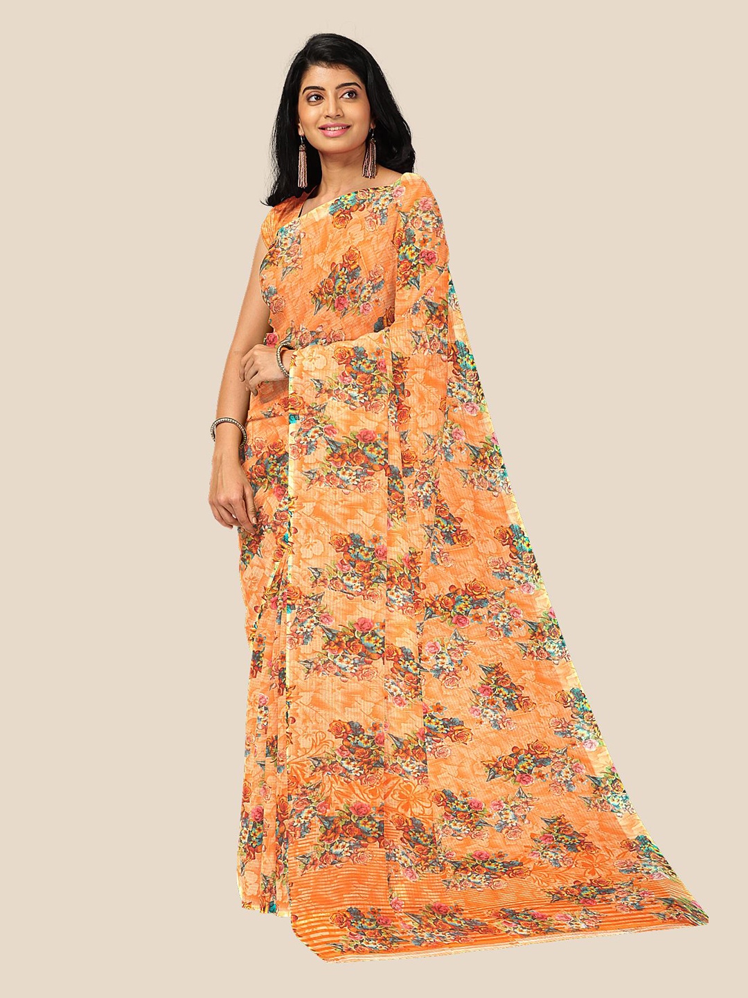 

Kalamandir Orange & Blue Floral Printed Saree