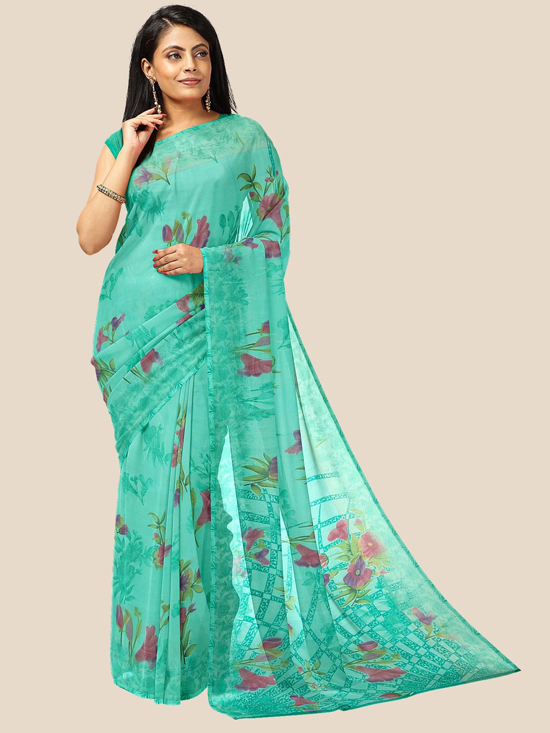 

Kalamandir Turquoise Blue & Magenta Floral Pure Georgette Saree