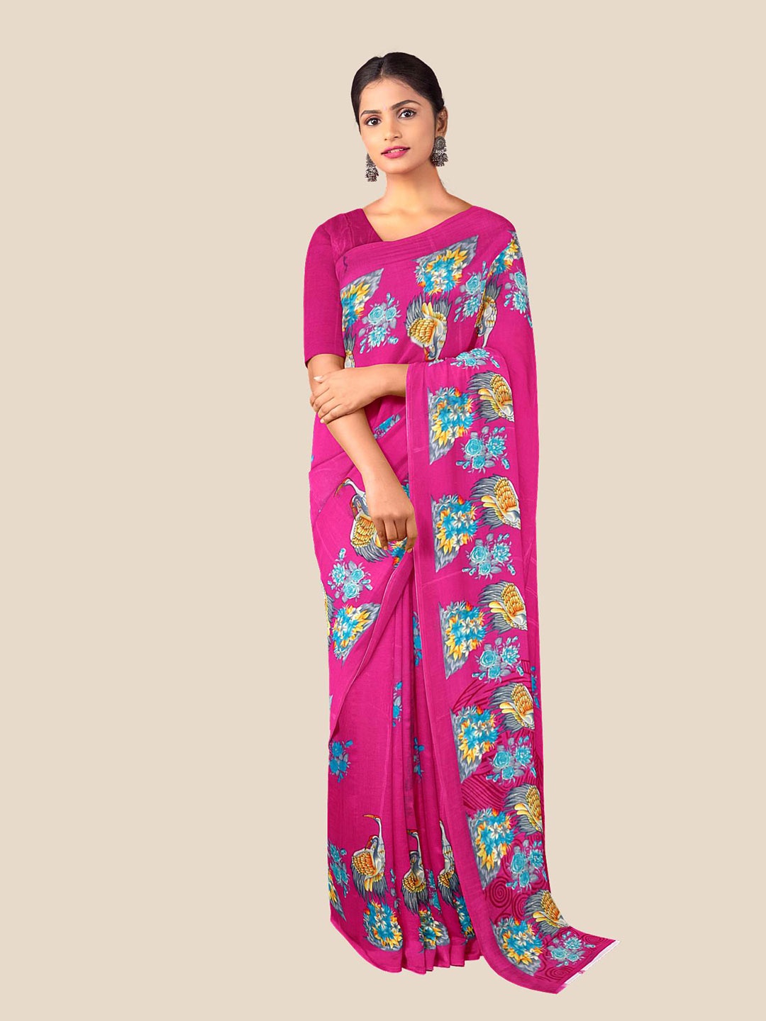 

Kalamandir Pink & Blue Floral Pure Crepe Saree