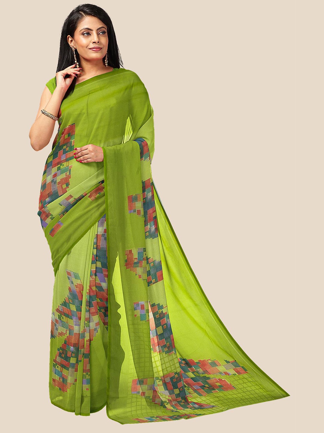 

Kalamandir Olive & Red Checked Pure Georgette Saree