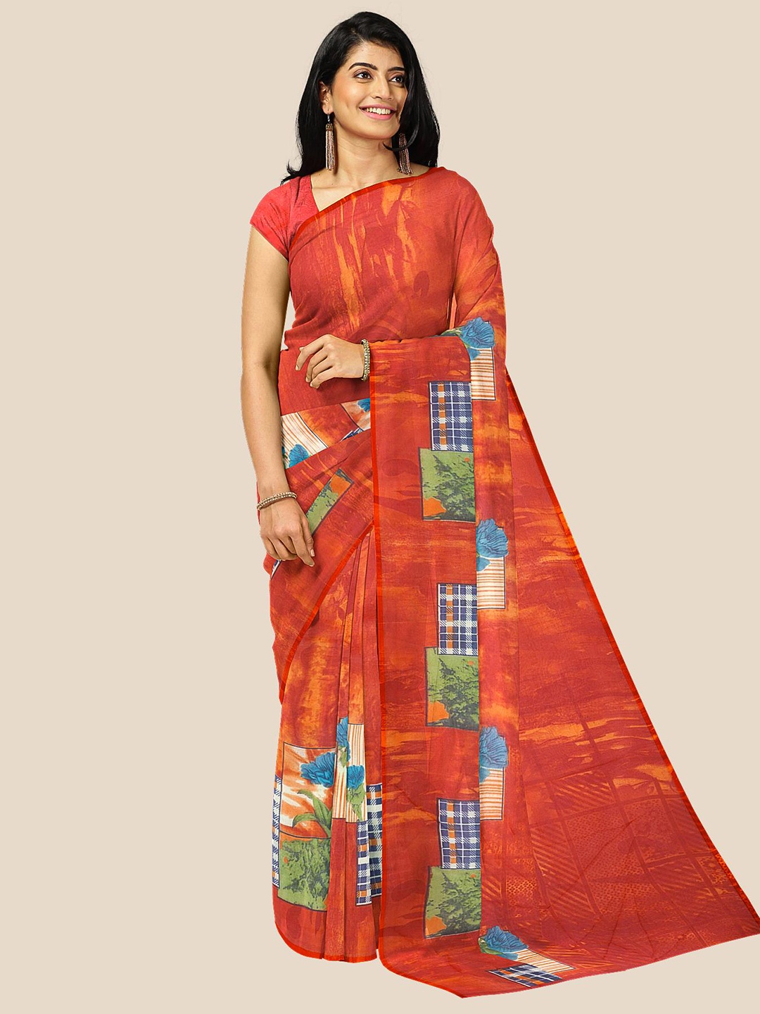 

Kalamandir Orange & Green Floral Pure Georgette Saree