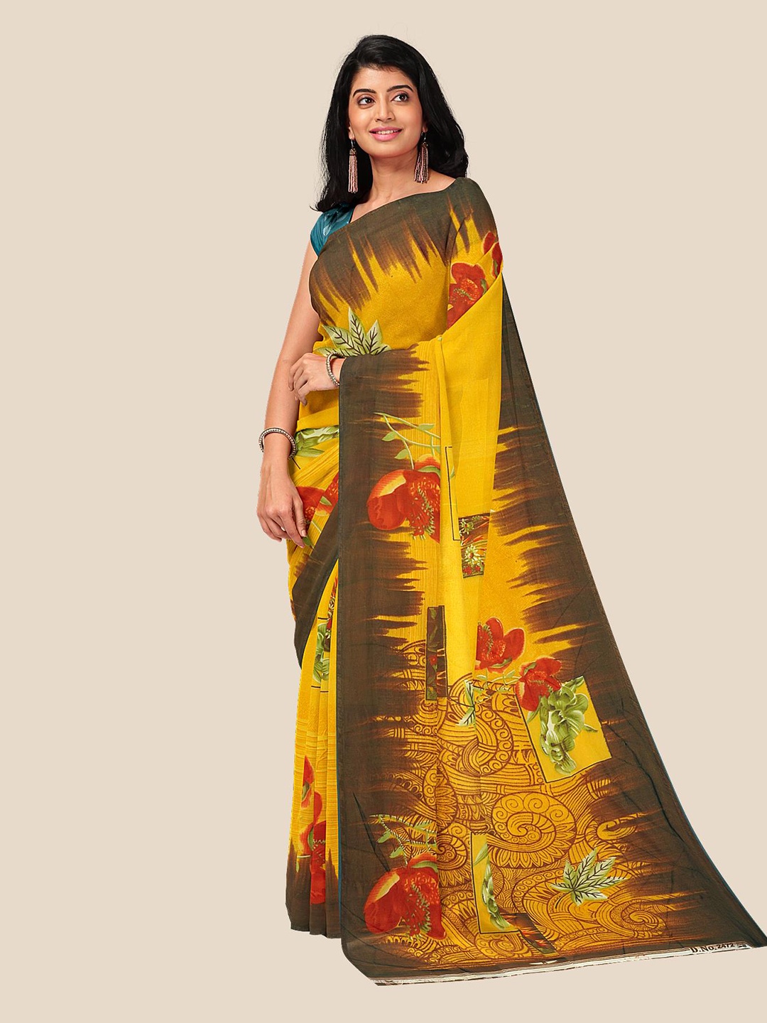

Kalamandir Yellow & Brown Floral Pure Georgette Saree