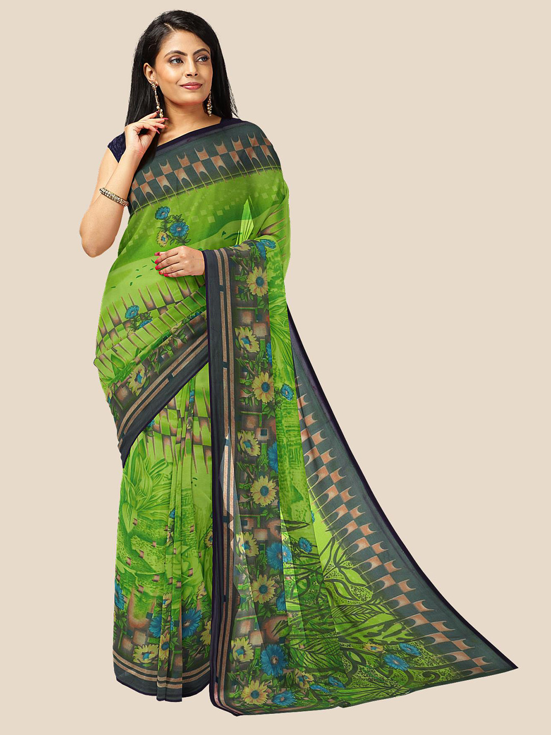 

Kalamandir Green & Blue Floral Pure Georgette Saree