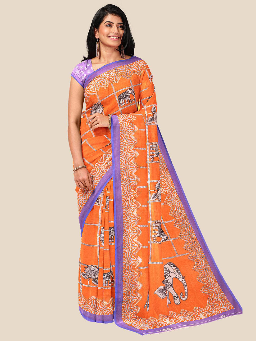 

Kalamandir Orange & Purple Ethnic Motifs Zari Pure Georgette Saree