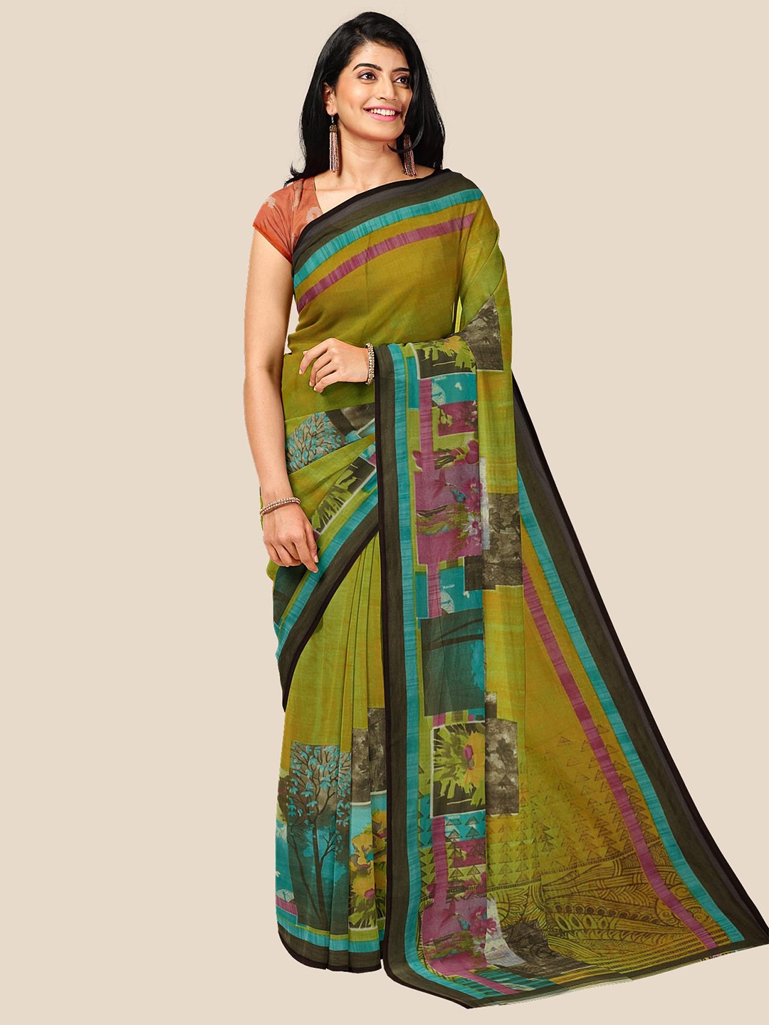 

Kalamandir Olive Green & Blue Floral Pure Georgette Saree