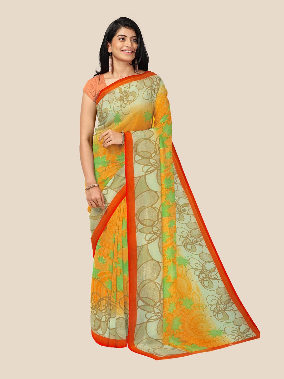 

Kalamandir Women Orange & Green Floral Printed Saree