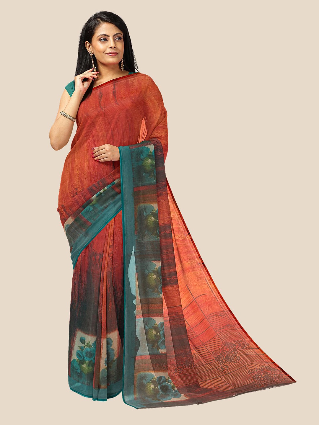 

Kalamandir Orange & Teal Floral Pure Georgette Saree