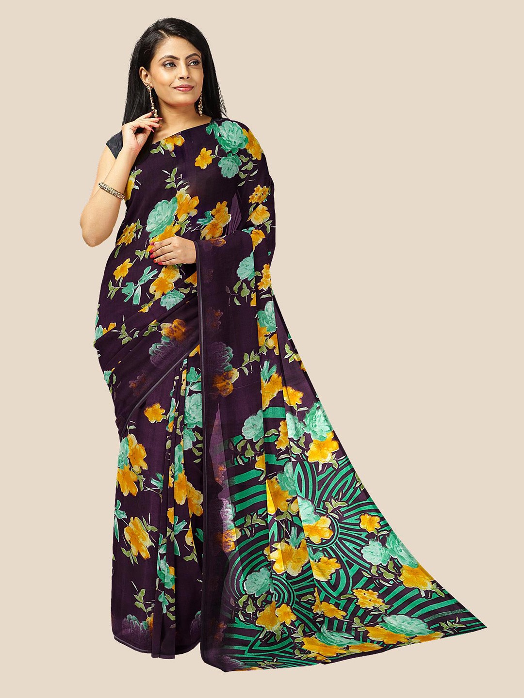 

Kalamandir Purple & Blue Floral Pure Georgette Saree